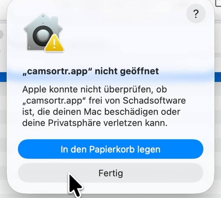 Meldung „sortless.app“ nicht geöffnet mit den Knöpfen In den Papierkorb legen und Fertig