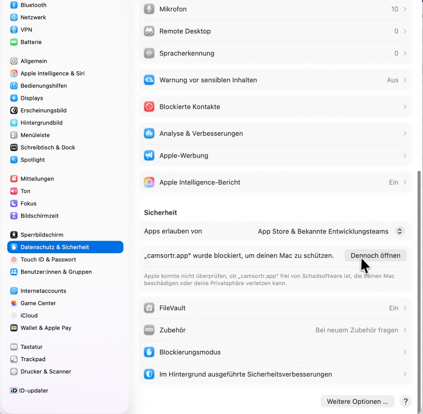 Systemeinstellungen, Datenschutz und Sicherheit: sortless.app wurde blockiert, Knopf Dennoch öffnen