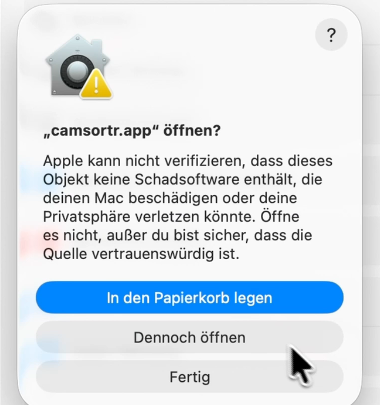 Meldung „sortless.app“ öffnen? mit dem Knopf Dennoch öffnen