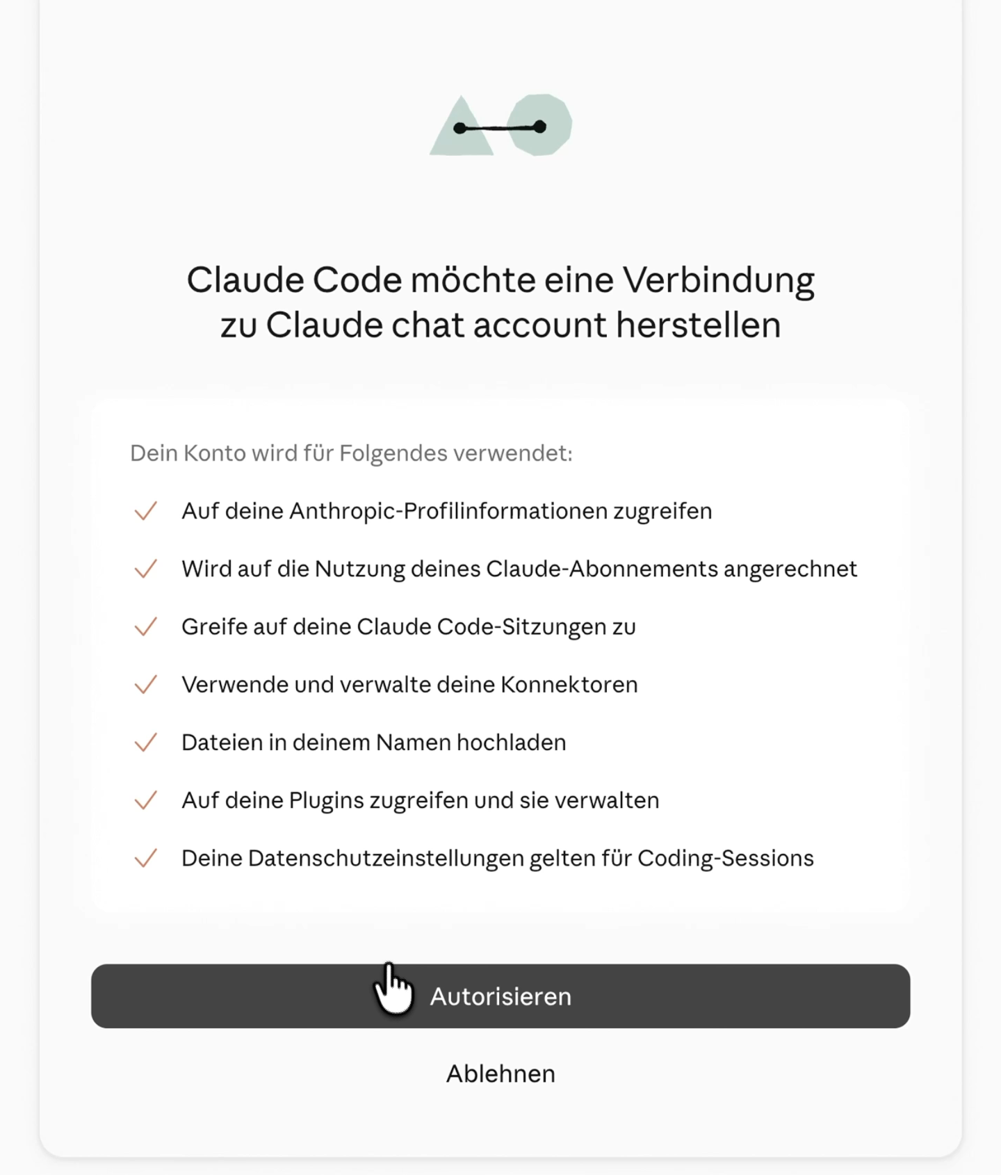 Claude Code möchte eine Verbindung herstellen, Knopf Autorisieren